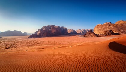 Naklejka premium Wadi Rum Desert Sandstone Cliffs Arid Landscape Dramatic Rock Formations Orange Sand Clear Blue Sky Dramatic Lighting Serene Atmosphere Barren Environment Jordanian Desert Vast Expansive Sce