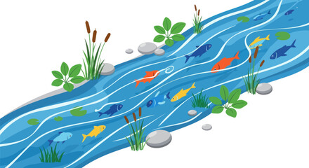 Cartoon River Scene with Fish Plants and Rocks Illustration.