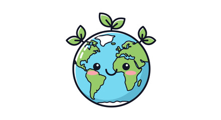 Cute Cartoon Earth Globe with Smiling Face and Sprout Leaves.