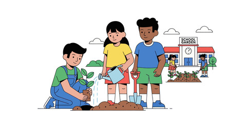 Children Planting a Sapling Together in Front of School.