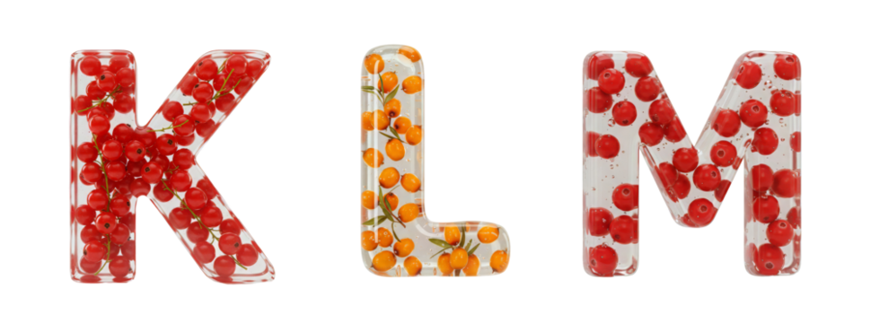 Fruit Alphabet. A set of letters K, L, M. Realistic letter shape made of colorless gel with berries inside on a transparent background. - Powered by Adobe