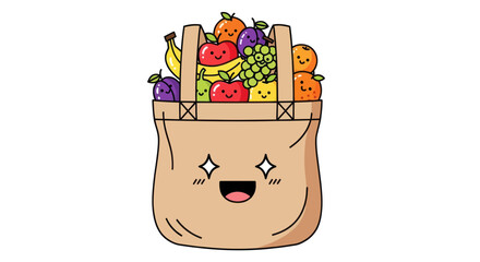Cute Cartoon Tote Bag Overflowing with Colorful Fruits Featuring a Smiling Face.