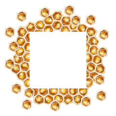 Watercolor illustration of a golden honeycomb frame with hexagonal cells. Ideal for organic product labels, honey packaging, skincare, eco goods, and culinary design