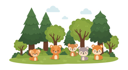 A charming illustration of cute cartoon woodland animals standing together in a green forest.