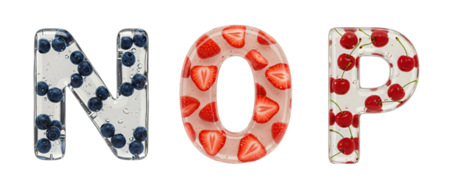 Fruit Alphabet. A set of letters N, O, P. Realistic letter shape made of colorless gel with berries inside on a transparent background.