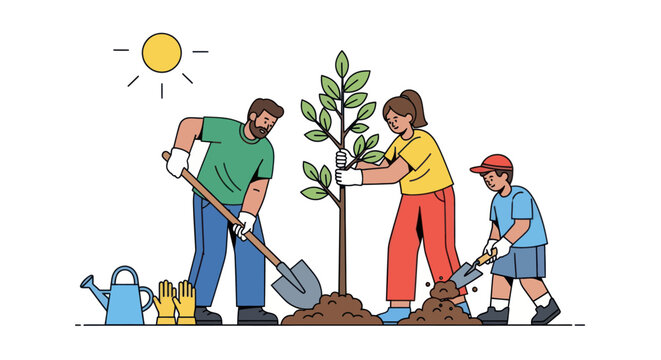 Family Planting a Tree Together Promoting Environmental Awareness and Sustainability.