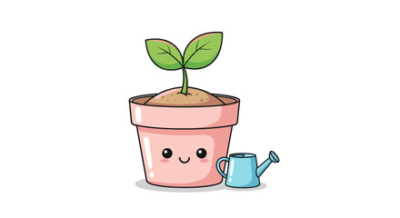 Cute Potted Plant with Seedling and Watering Can Illustration.