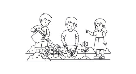 Three children tending to a garden with watering can and pointing.
