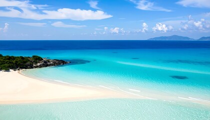Tropical beach scene. Aerial view of pristine white sand beach and turquoise water