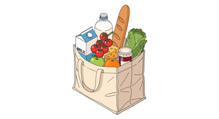 Illustrated Canvas Grocery Bag Filled with Food Items.