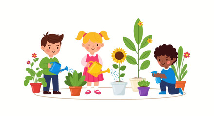 Three diverse cartoon children happily watering various potted plants and flowers together.