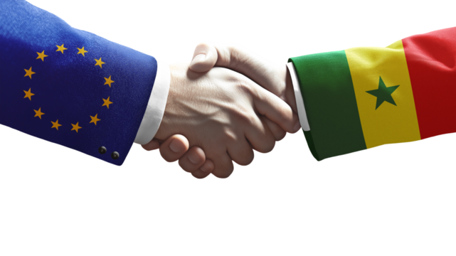 Handshake between European Union and Senegal symbolizing diplomacy, cooperation, trade, and international relations.