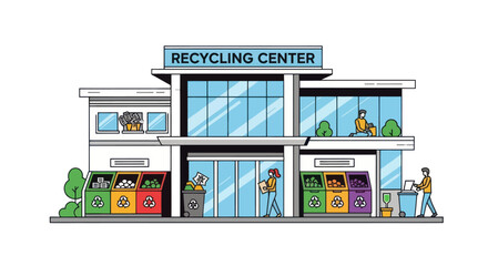Modern Recycling Center Building with People and Bins.