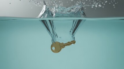A key falling into clear water with water drops, very realistic.