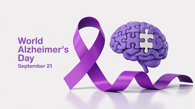 3d render Digital illustration poster World Alzheimer’s Day September 21 with purple awareness ribbon and puzzle brain missing piece - Powered by Adobe