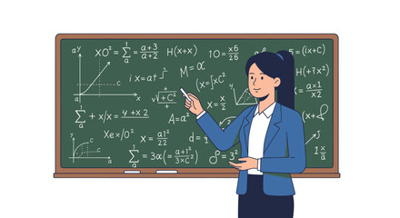 Smiling Female Teacher Explaining Complex Mathematics on Green Classroom Blackboard.