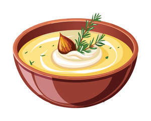 Bowl of creamy almond and vegetable soup with fresh rosemary and a swirl of cream - Vector Illustration