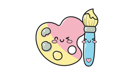 Kawaii pastel art palette and paintbrush with happy faces heart-shaped design.