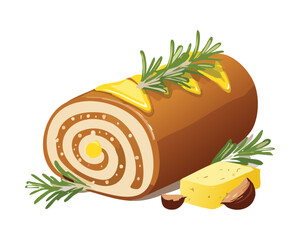 Savory meat roll with herbs and a creamy filling, cut into slices to show the spiral interior - Vector Illustration