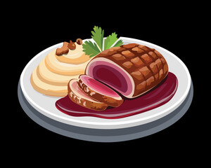 Beautifully cooked beef roast with a rich red wine sauce and mashed potatoes on a plate - Vector Illustration