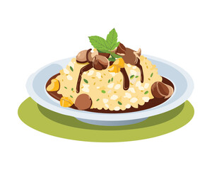 Creamy mushroom risotto with a sprinkle of cheese and fresh parsley, served on a round plate - Vector Illustration