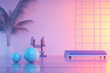 Bright fitness studio featuring colorful exercise equipment and relaxing indoor plants in a vibrant setting during the early morning hours