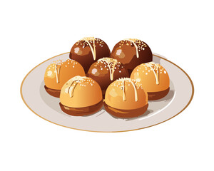 A plate of delicious sweet baked hazelnut balls, garnished with nuts - Vector Illustration