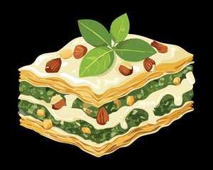 A rich and savory meat lasagna with cheese and fresh basil leaves on top - Vector Illustration
