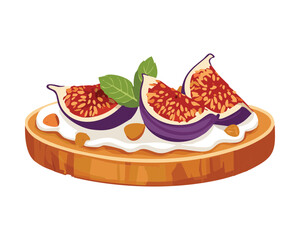 A slice of golden brown toast with a generous spread of creamy ricotta cheese and fresh figs - Vector Illustration