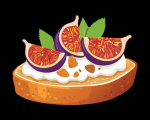 A delicious slice of toasted bread topped with fresh figs, creamy cheese, and a garnish of herbs - Vector Illustration