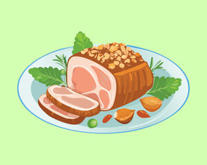 A perfectly roasted ham with a golden crust, topped with roasted almonds and fresh green herbs on a light green plate - Vector Illustration