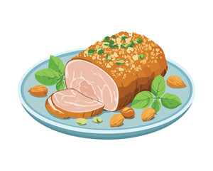 A tender roasted ham with a golden crust, served on a platter with brussel sprouts and garnished with fresh herbs - Vector Illustration