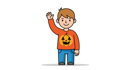 Cartoon Boy Waving Wearing Pumpkin Sweater.