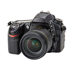 Digital slr camera with zoom lens for professional photography isolated against black background