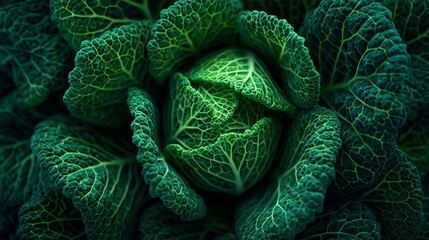 Fototapeta premium Vibrant green cabbage texture with intricate leaf veins, perfect for healthy eating and farm-to-table visuals