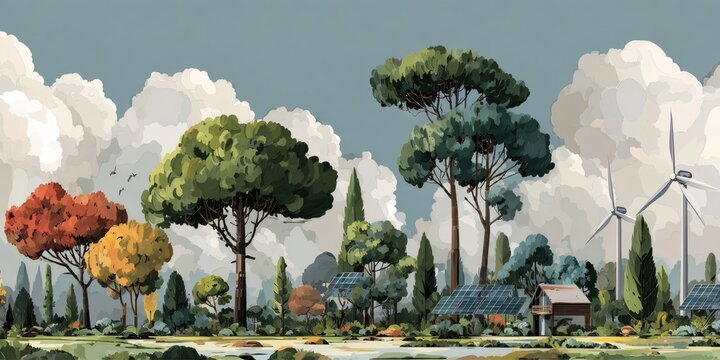 Green energy landscape showing solar panels and wind turbines