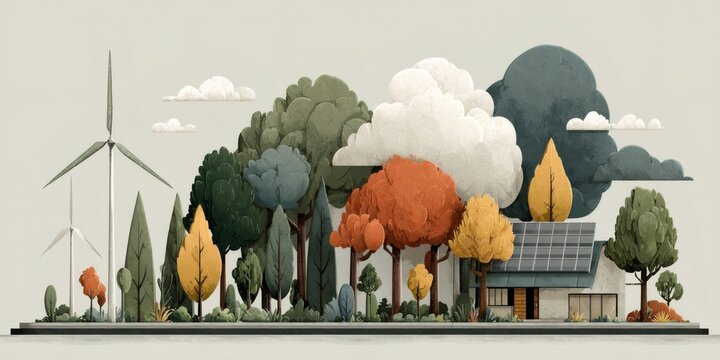 Green landscape showing a house with solar panels and wind turbines