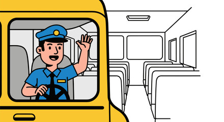 School Bus Driver Waving from Vehicle Window.