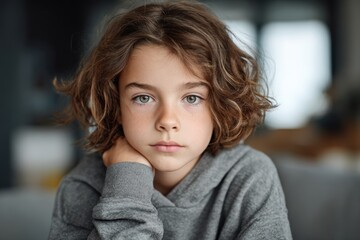 Portrait of a thoughtful young boy with long curly hair and grey hoodie, neutral gaze ideal for educational campaigns, psychology content or book covers