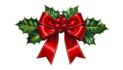 A decorative Christmas bow with holly leaves and berries sits against a white background.