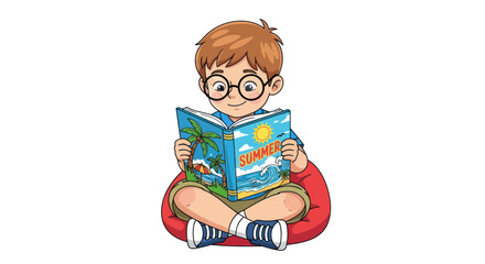 Cartoon Boy Reading a Book in a Bean Bag Chair.