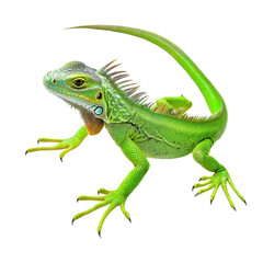 Fototapeta premium Bright green iguana rest, A bright green iguana peacefully resting on a branch, camouflaged among the greenery, isolated on transparent background