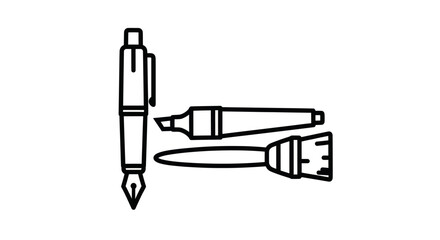 Collection of drawing and writing tools: fountain pen marker and paintbrush.
