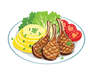 A portion of perfectly roasted lamb chops with mashed potatoes, garnished with fresh herbs and cherry tomatoes - Vector Illustration
