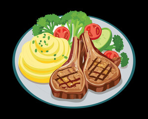 Two savory lamb chops with a golden crust, served on a bed of mashed potatoes and green herbs - Vector Illustration