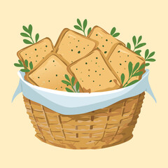 A rustic woven basket filled with freshly baked, golden brown pastry triangles, ready to be served - Vector Illustration