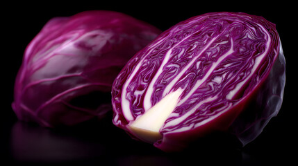 Fototapeta premium Ruby Cabbage's Interior: Close-up shot of a split ruby cabbage showcasing its intricate, layered textures, a testament to nature's artistic prowess and culinary potential.