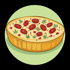  A delicious savory pie with a baked crust, generously topped with sliced tomatoes, olives, and fresh herbs - Vector Illustration