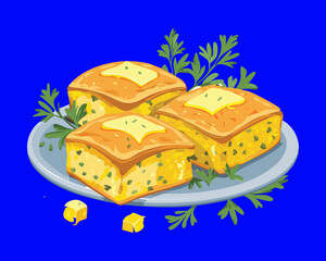 A stack of golden, freshly baked savory squares, showing a creamy, cheesy interior on a light blue background - Vector Illustration
