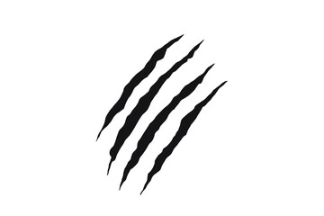 Black claw scratch mark design with four jagged slashes. Wild animal claw tearing effect for tattoos, decals, or graphic art. Symbol of strength, aggression, and primal power.